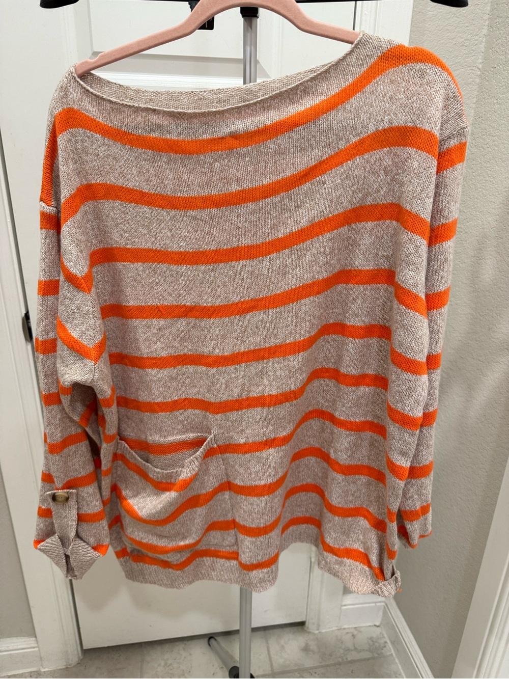 Beige and Orange Striped Women's Sweater - Relaxed Knit